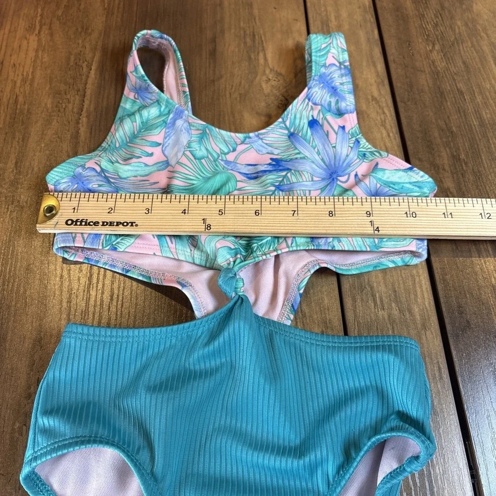 Art Class Kids XS (4/5) Teal Swimsuit Tropical Floral Ribbed Cutout One Piece